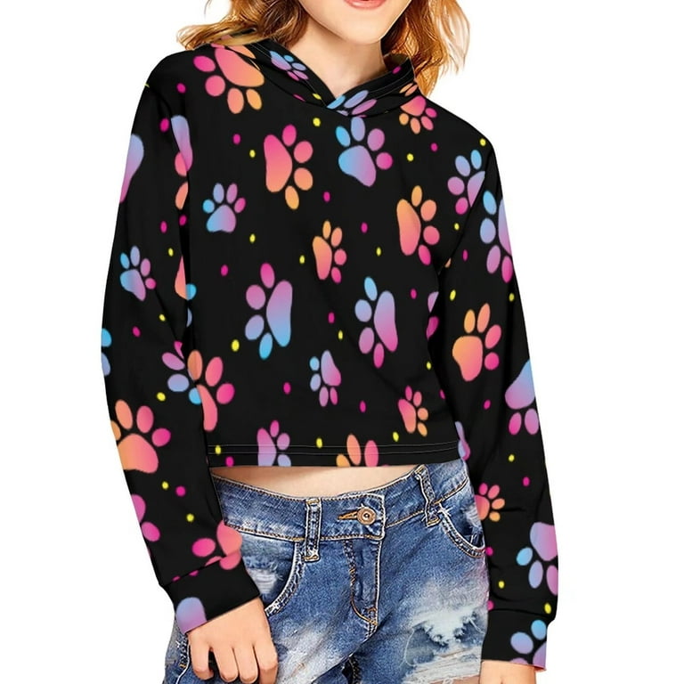 FKELYI Multicolor Pet Paw Crop Tops Hoodies Size 9 10 Years Durable Going Out Pullover Tops for Girls Soft Party Hooded Sweatshirts Trendy