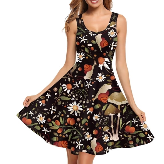 FKELYI Mushroom Plants Sleeveless Dresses Stretchy Women Summer Beach Dress Size M Leisure Sleeveless Dress Midi Dress for Hoilday