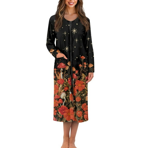 FKELYI Mushroom Red Flower Star Print Women Zip Up Robe Nightgowns House Coats Full Length Sleepwear House Dress Breathable Long Sleeve Bathrobe with 2 Pockets, 4XL