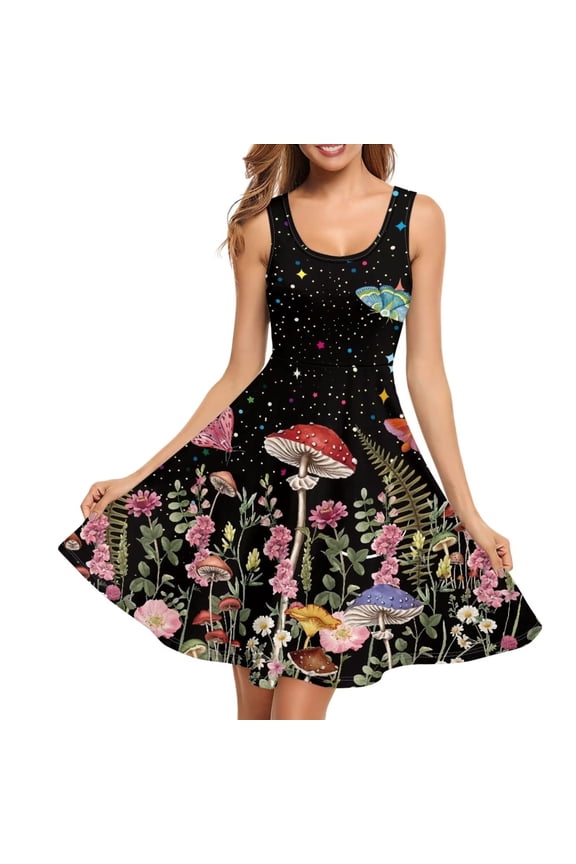 Mushroom Sleeveless Dress Elastic Star Night Tank Dresses for Women Soft Sleeveless Swing Skater Casual Dress Size 2XL