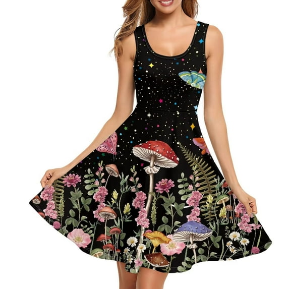 FKELYI Mushroom Sleeveless Dress Elastic Star Night Tank Dresses for Women Soft Sleeveless Swing Skater Casual Dress Size XS