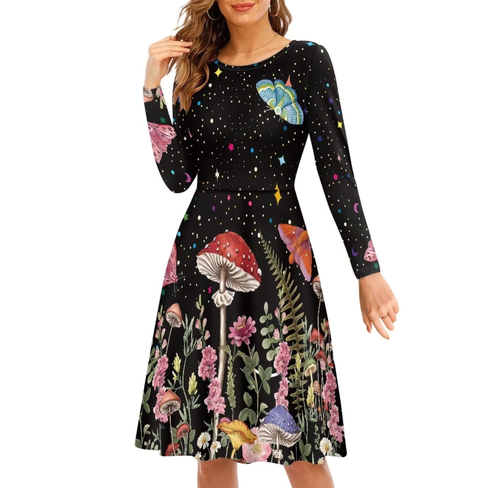 Fkelyi Mushroom Women Dress Size S Loose Star Butterfly Women Dress Long Sleeve Party Comfortable A-Line Twirl Swing Dresses for Ladies