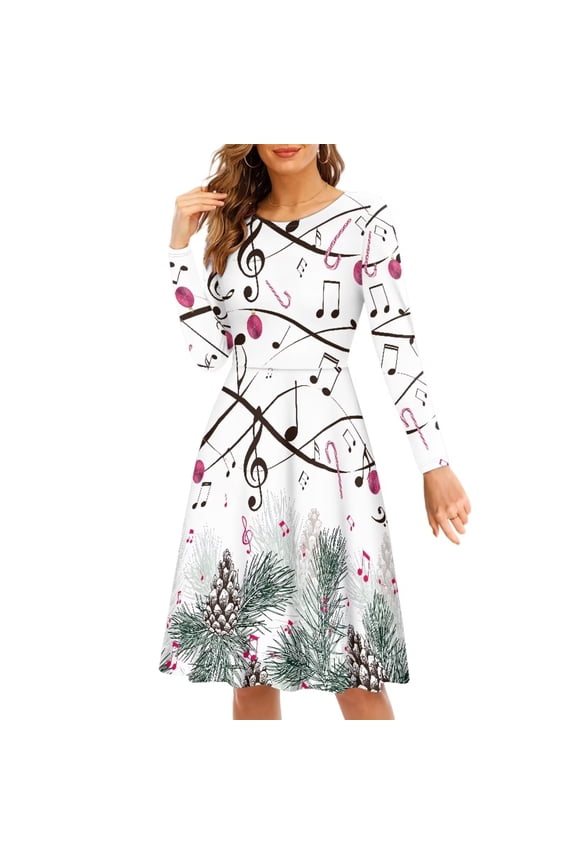 Music Christmas Women Dress Leisure Hazelnut Candy Cane Swing Skater Dress Polyester Long Sleeve Dress for Women Wedding Guest Size 2XL