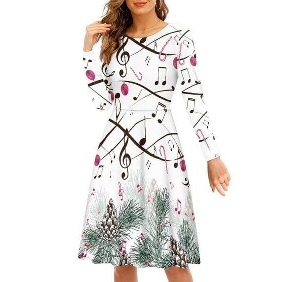 FKELYI Music Christmas Women Dress Leisure Hazelnut Candy Cane Swing Skater Dress Polyester Long Sleeve Dress for Women Wedding Guest Size S