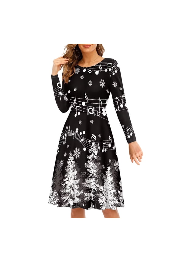 Music Christmas Women Dress Size 2XL Comfortable Snowflake Forest Round Neck Swing Dress Loose Xmas Vacation Women Dresses Casual Midi