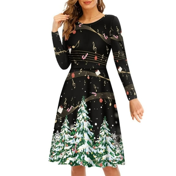 FKELYI Music Christmas Women Dress Size 3XL Xmas Tree Bell A Line Skater Casual Twirly Dress Lightweight Women Formal Dresses with Sleeves