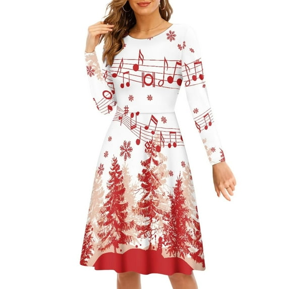 FKELYI Music Christmas Women Xmas Dress Festival Party A Line Skater Casual Twirly Dress Loose Snowflake Forest Women Dresses Long Crew Neck Size S