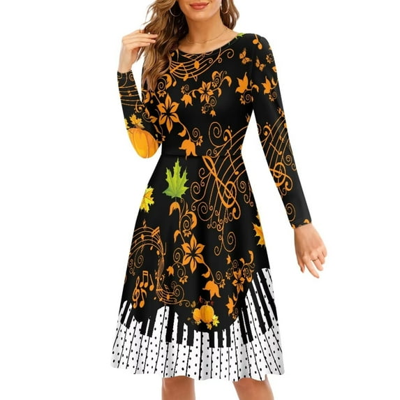 FKELYI Music Fall Thanksgiving Women Dresses Stretchy Maple Leaves Swing Skater Dress Soft Women Dress Long Sleeve Elegant Size M