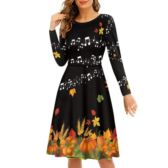 FKELYI Music Maple Leaf Women Dresses Size 3XL Stretchy Thanksgiving Women Dress Long Sleeve Party Lightweight Fall Pumpkins Twirl Swing Dresses
