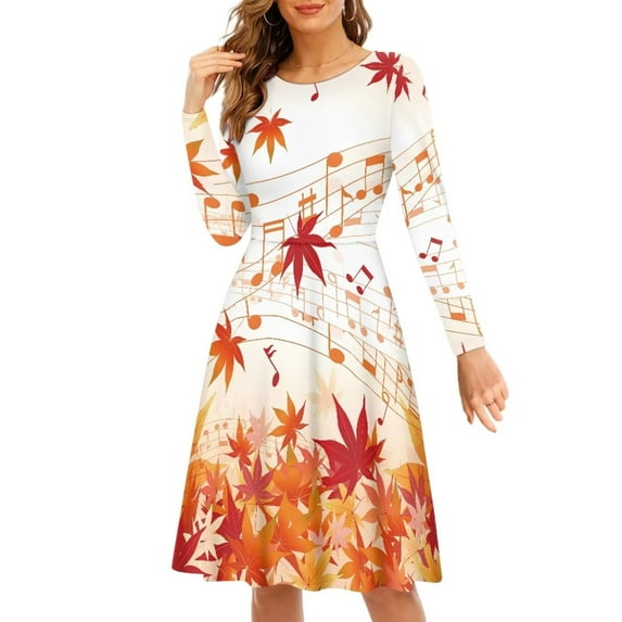 FKELYI Music Thanksgiving Women Dresses Size M Comfortable Fall Maple Leaves Swing Skater Dress Leisure Crew Neck Dresses for Women Casual Midi