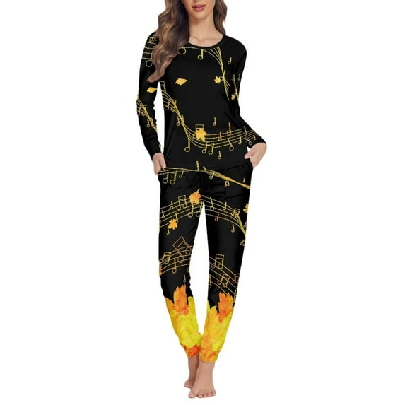 FKELYI Music Thanksgiving Women Pajamas 2 PCS Durable Maple Leaf Fall Nightwear for Women Pajama Elastic Long Sleeve Pjs Size 3XL