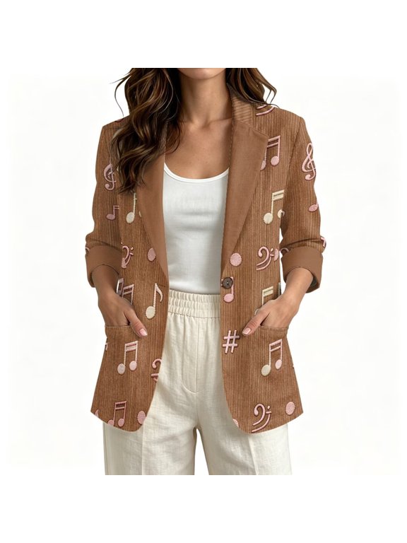 Musical Note Print Faux Linen Blazer Jacket for Women Casual One Button Suit Jacket with Pockets Breathable Cardigan Coat for Spring Summer Fall, 3XL