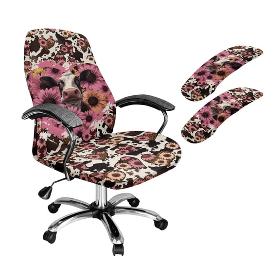 FKELYI Office Chair Cover with 2 Pcs Armrest Covers Swivel Boss Chair Slipcover Brown Cow Pink Sunflower Print Anti-Dust Protector for Armchair Home Decor, Large