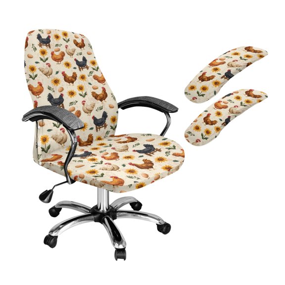 FKELYI Office Chair Cover with 2 Pcs Armrest Covers Swivel Boss Chair Slipcover Sunflower Rooster Print Anti-Dust Protector for Armchair Home Decor, Large