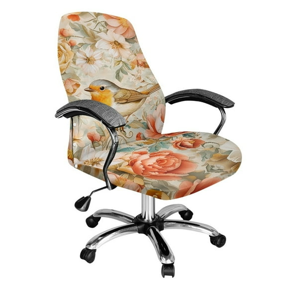 FKELYI Office Chair Cover Anti-Dust Swivel Rotating Chair Slipcover Peony Flower Bird Print Washable Computer Chair Protector for Boss Chair Armchair Home Office Decor, Large