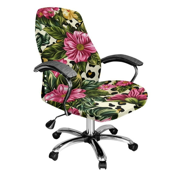 FKELYI Office Chair Cover Removable Computer Chair Slipcover Stretch Fabric Swivel Chair Protector Covers for Boss Chair Armchair, Pink Floral Leopard Print, Small