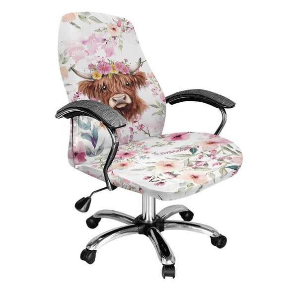 FKELYI Office Chair Cover Stretch Fabric Computer Chair Cover Pink Floral Highland Cow Print Removable Anti-Dust Gaming Chair Slipcover Protector for Boss Chair Decoration, Large