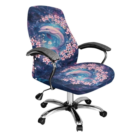 FKELYI Office Chair Cover Stretch Fabric Computer Chair Slipcover Washable Swivel Rotating Boss Chair Protector for Armchair Home Decoration, Cherry Floral Pink Dolphin Print, Small