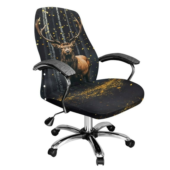 FKELYI Office Chair Cover Stretch Fabric Computer Chair Slipcover Washable Swivel Rotating Boss Chair Protector for Armchair Home Decoration, Forest Elk Deer Print, Large