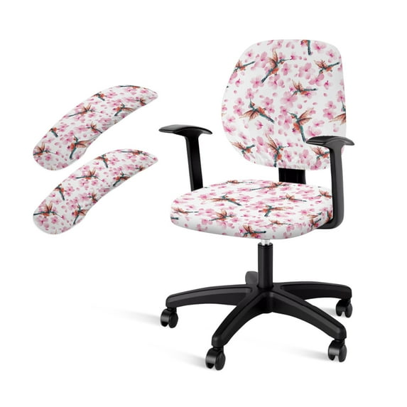 FKELYI Office Chair Covers with 2 Pcs Armrest Covers Swivel Boss Chair Slipcovers for Home Decor Cherry Floral Hummingbird Print Removable Breathable Armchair Protector