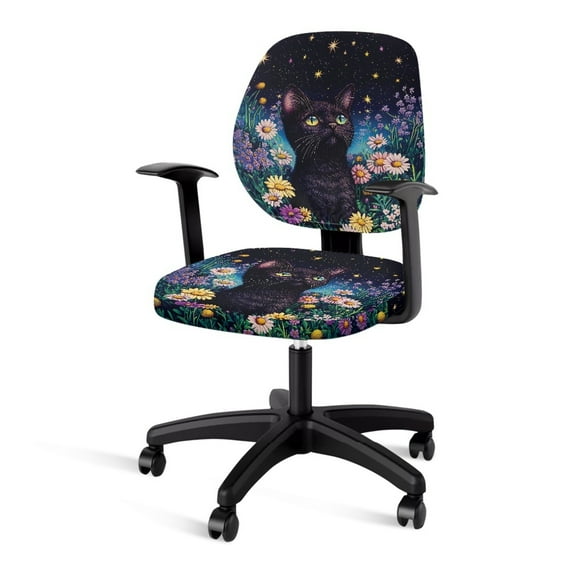 FKELYI Office Chair Slipcover Colorful Daisy Floral Black Cat Print Swivel Computer Cover Washable Anti-Dust Armchair Protector Cover for Backrest & Cushion Seat Decoration