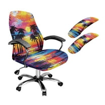 FKELYI Office Chair Slipcover Swivel Armchair Cover with 2 Pcs Armrest Covers Beach Palm Tree Oil Painting Print Washable Anti-Dust Computer Chair Protector, Large