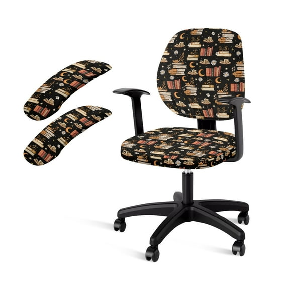 FKELYI Office Chair Slipcovers with 2 Pcs Stretchable Armrest Covers for Armchair Retro Daisy Floral Book Moon Print Swivel Computer Chair Protector Home Office Washable Decor