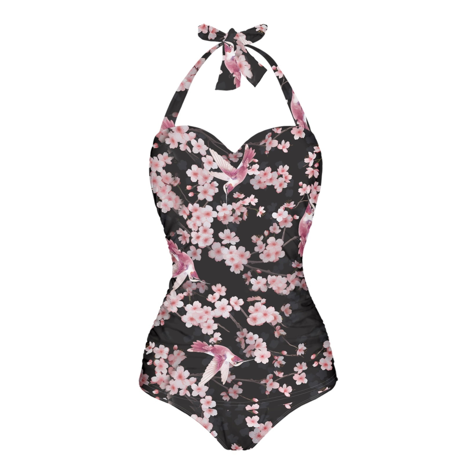 FKELYI One Piece Bikini Swimwear Cherry Blossom Hummingbird Print Women Swimsuits Halter Bathing Suits with Soft Pad Polyester Beachwear Tummy Control Monokini for Ladies Teens, L