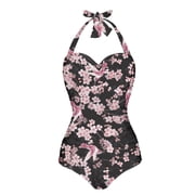 FKELYI One Piece Bikini Swimwear Cherry Blossom Hummingbird Print Women Swimsuits Halter Bathing Suits with Soft Pad Polyester Beachwear Tummy Control Monokini for Ladies Teens, 2XL