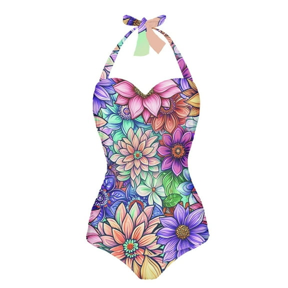 FKELYI One Piece Swimsuit for Women Bohemian Lotus Flower Print V Neck Swimwear with Soft Pads Tummy Control Bathing Suit Summer Beachwear for Lady Swimming Surfing, L