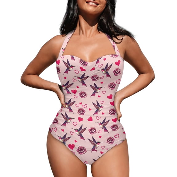 FKELYI One Piece Swimsuit for Women V Neck Swimwear with Soft Pads Tummy Control Bathing Suit Pink Hummingbird Rose Love Print Summer Beachwear for Lady Swimming Surfing, S