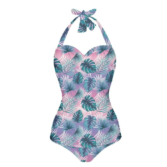 FKELYI One Piece Swimsuit Women's Cosy Swimwear with Halter Strap Palm Monstera Leaves Print Bathing Suit Tummy Control Monokini with Soft Pad for Ladies Swimming Surfing, 2XL