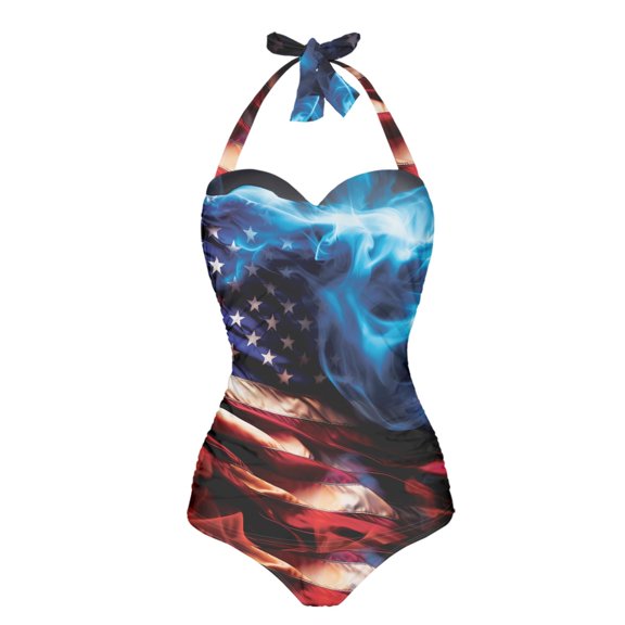 FKELYI One Piece Swimsuit Women's Cosy Swimwear USA Flag Flame Print Halter Bathing Suit Tummy Control Monokini with Soft Pad for Ladies Beach Party Swimming Surfing, XL