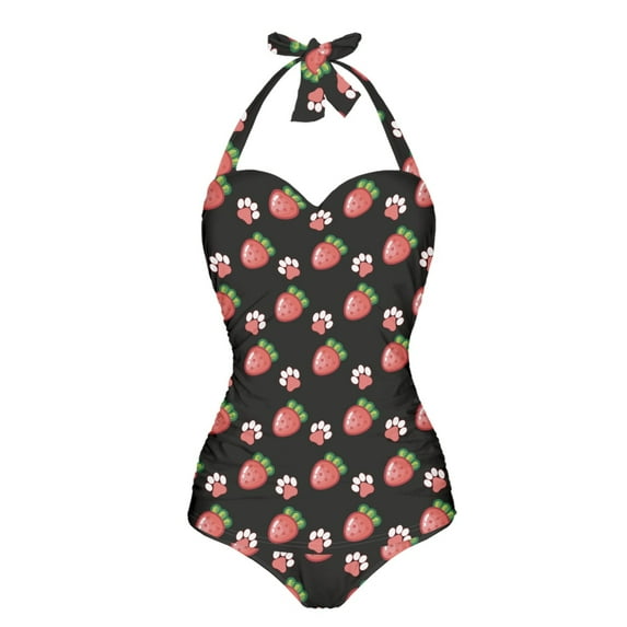 FKELYI One Piece Swimsuit Women's Halter Swimwear Breathable Bathing Suit Tummy Control Monokini with Soft Pad for Ladies Swimming Surfing, Strawberry Dog Cat Paw Print, S