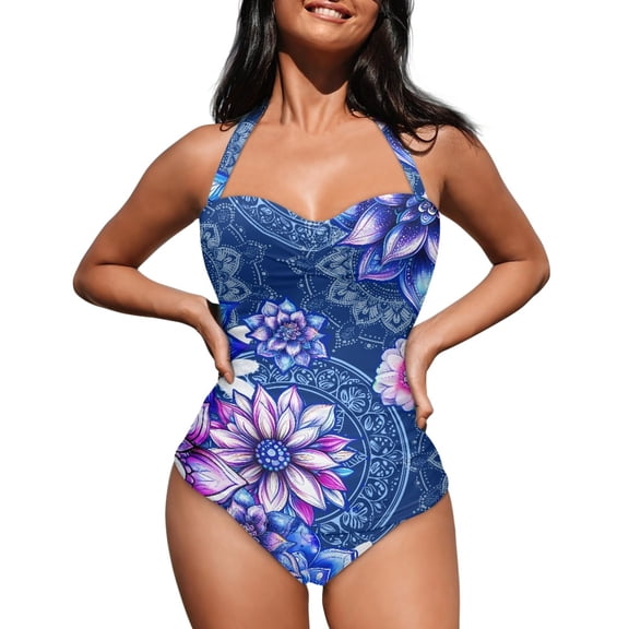 FKELYI One Piece V Neck Swimsuit for Women Swimwear with Soft Pads Tummy Control Bathing Suit Purple Bohemian Floral Print Summer Beachwear for Lady Swimming Surfing, L