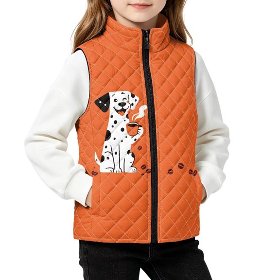 FKELYI Orange Dog Print Kids Quilted Vest, 4Y, Zippered Sleeveless Jacket, Warm Outerwear with Pocket, Stand Collar, Fall Winter Coat, Water Resistant
