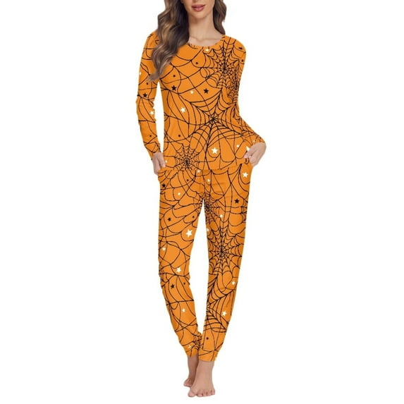 FKELYI Orange Halloween Women Pajama Lightweight Spider Web Women Sleepwear Set of 2 Comfy Round Neck Sleepwear Pj Set Size M
