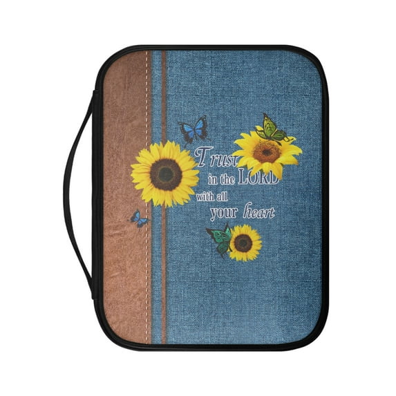 FKELYI PU Leather Bible Cover with Handle Sunflower Butterfly Denim Texture Print Church Bible Bag Portable Christian Bag Book Organizer Holder Bible Carrying Case for Prayer