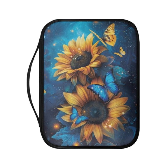 FKELYI PU Leather Bible Cover for Prayer Zippered Bible Bags with Handle Sunflower Blue Butterfly Print Large Capacity Bible Carrier Book Organzier Holder for Christian
