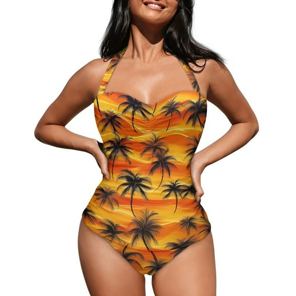 FKELYI Palm Tree Sunset Glow Print One Piece Swimsuit V Neck Swimwear with Soft Pads for Women Tummy Control Bathing Suit Summer Beachwear for Lady Swimming Surfing, S
