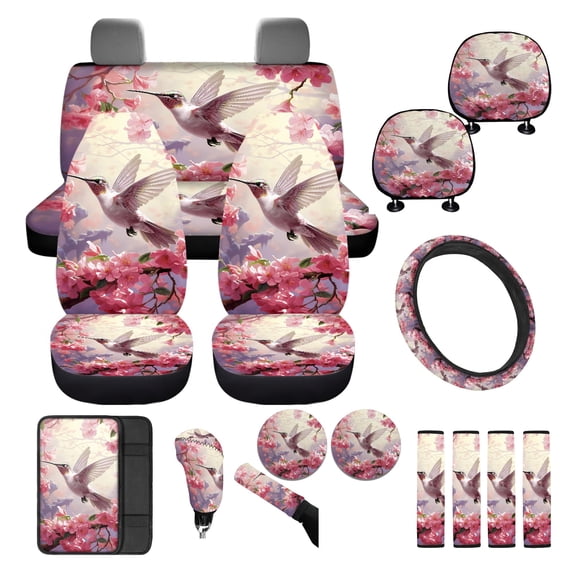 FKELYI Peach Floral Hummingbird Print 16-Piece Car Interior Set Auto Seat Covers with Steering Wheel Cover Seat Belt Pads Headrest Covers Hanbrake Cover Gear Shift Cover Armrest Pad Coasters