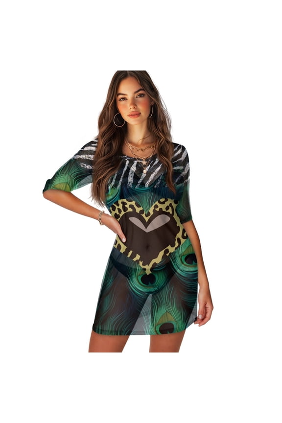 Peacock Feather Leopard Love Zebra Print Swimwear Cover Ups for Women Half-Sleeve Cover Up for Bathing Suits Summer Beach Kafrtan Dress Soft Sheer Fabric Vacation Outfits, 2XL