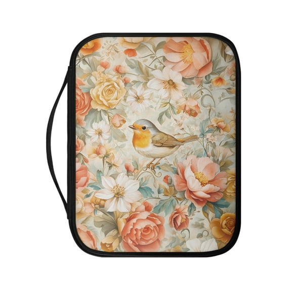 FKELYI Peony Floral Bird Print PU Letaher Bible Cover with Handle Bible Carrier Case Book Organzier Holder Church Bible Bag with Zipper Pocket for Prayer Study