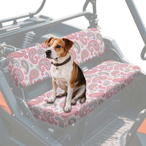 FKELYI Pink Art Boho Flower Print Mule Bench Seat Cover 2 Pcs Set Dustproof UTV Seat Cover Compatible with Kawasaki Mule 600/610 Anti-Scratch Seats Protector Decor