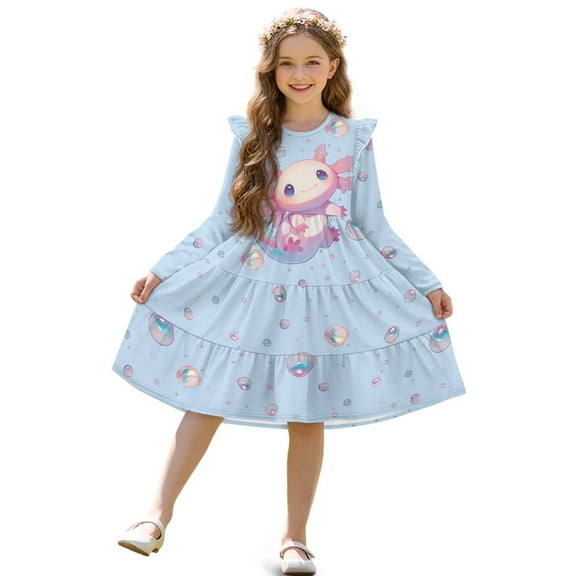 FKELYI Pink Axolotl Blue Print Toddler Girl Long Sleeve Dresses Breathable A-Line Ruffle Trim Dress Soft Fall Outfits for Girls Patchwork Dresses, 11-12 Y