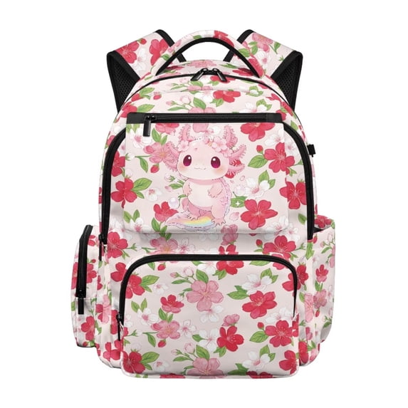 FKELYI Pink Axolotl Cherry Blossom Print Kids Backpack with Multi-Pockets 17 Inch Schoolbag Casual Daypack Travel Rucksack Knapsack for Girls School Bookbag
