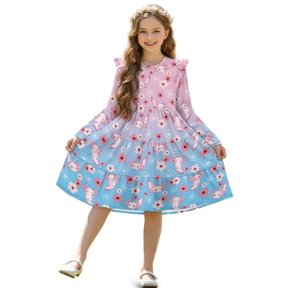 FKELYI Pink Axolotl Cherry Flower Print Toddler Girl Long Sleeve Dresses A-Line Ruffle Trim Dress Soft Fall Outfits for Girls Patchwork Dresses, 5-6 Y