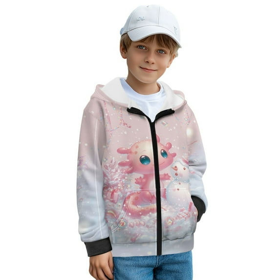 FKELYI Pink Axolotl Snowman Print Kids Hoodies with Full Zipper Cosy Sweatshirt Jacket with Pockets for Girls Fleece Hooded Top Streetwear for School Home, S