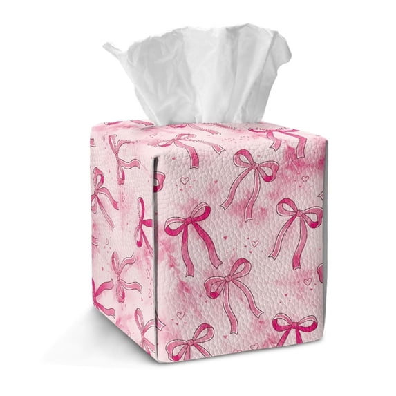 FKELYI Pink Bow Print Tissue Box Cover Snap Button Design Tissue Box Holder Facial Paper Organizer Holder PU Leather Home Bathroom Office Decor