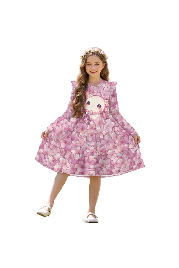 Pink Cherry Axolotl Print Girls Ruffle Sleeve Dress A Line Twirly Dress for Kids Midi Soft Fall Dresses Patchwork Playwear Sundress, 7-8 Y